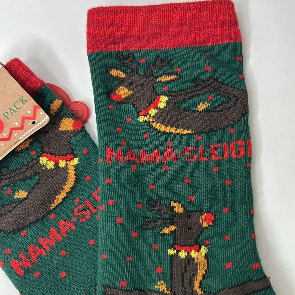 YOGA‎ Reindeer NAMA-SLEIGH Holiday Christmas Crew Funny Socks Women’s NWT